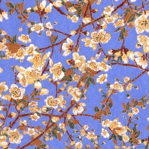 Papier japonais fond bleu fleurs de cerisiers blanches