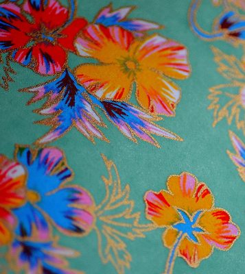 Papier japonais turquoise, fleurs oranges et jaunes