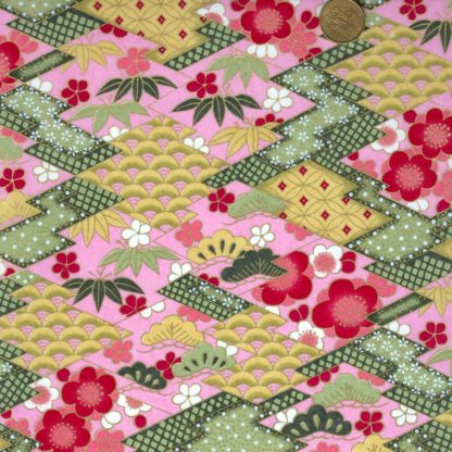 Papier japonais fantaisie rose et vert à motifs géométriques