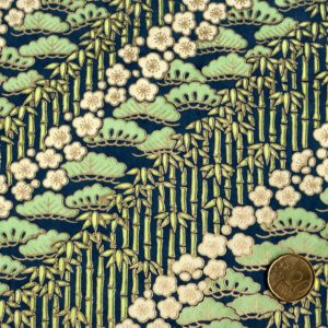 Papier japonais fond bleu marine bambous fleurs de cerisiers