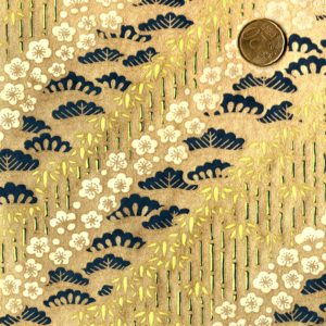 Papier japonais fond doré motifs végetaux bleus et bambou
