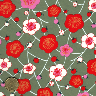 Papier japonais fond taupe fleurs de pruniers oranges