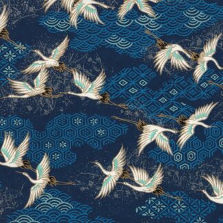 Papier japonais, chiyogami (yuzen), vol de grues blanches sur un fond bleu