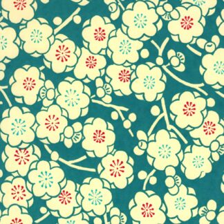 Papier japonais, chiyogami (yuzen), fond bleu canard motif de fleurs de prunier